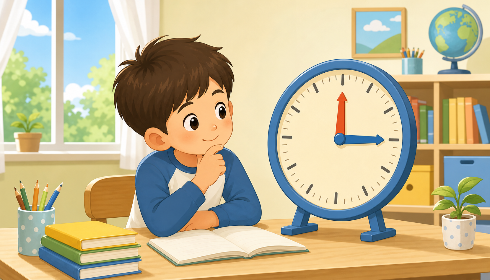 男の子が時計を見て勉強している絵